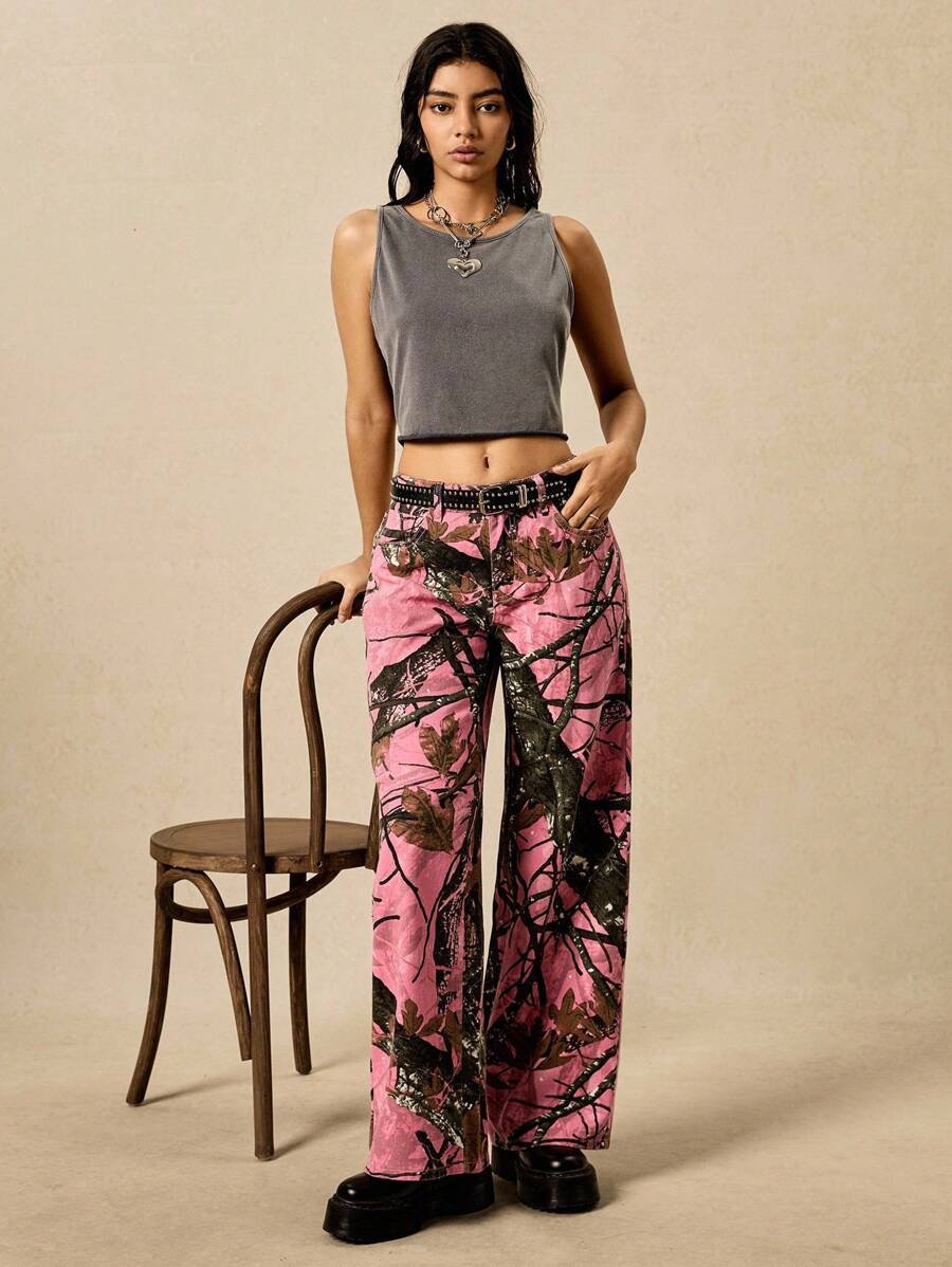 Easelle 女式枝形图案口袋宽松休闲百搭牛仔裤 - 粉色 - 查看 1