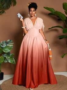 Maweii 优雅渐变印花设计系腰V领A字形休闲主教袖长裙，女式加大码，适合度假、海滩、音乐节、春夏季 - 彩色 - 查看 5