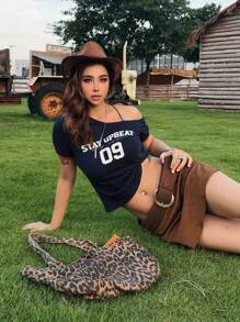 DAZY T-shirt moulant asymétrique à épaule avec imprimé lettres pour femme, T-shirts graphiques - Bleu marine - Voir 3