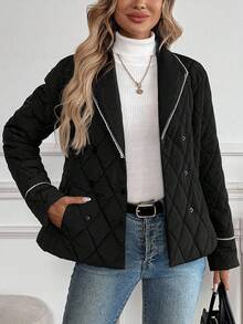 EMERY ROSE 女式撞色镶边口袋冬季棉服外套，长袖绗缝夹克女式夹克黑色夹克女式黑色绗缝夹克女式绗缝夹克 - 黑色 - 查看 4