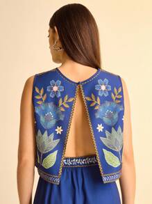CAJUNI Women's  Vacation Bohemian Deep Blue Tropical Plant Printed Round Neck Hollow Back Casual Loose Summer Vacation Blouse, Suitable For Dating, Beach, Summer Tops,Tube Top,Crop Tops,Blusas Bonitas De Mujer,Cute Summer Tops,Basic Tops,Summer Top,Navy Blue Top,Going Out Tops Women