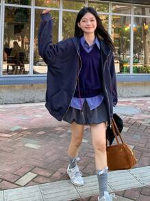 DAZY 女士纯色休闲连帽长袖外套，韩版女式大衣 - 藍色 - 查看 11