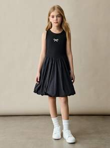 SHEIN Tween Girl Black Summer Casual Birthday Dress With Bow,Daily Versatile Comfortable Round Neck Sleeveless Splicing V-Shaped Waist Knitted Bubble Dress - Black - View 3