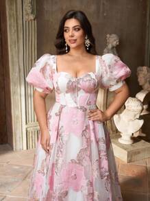 Aureia Vestido midi plus size elegante, luxuoso, de organza jacquard, com mangas bufantes, costas abertas e amarradas, adequado para casamentos, festas, férias, bailes, festivais de música e ocasiões formais (com bordados intensos) - Rosa - Ver 6