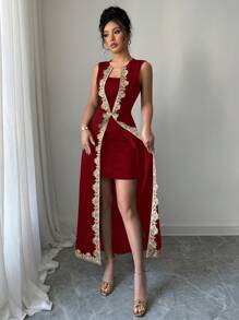 Chiquease فستان أنيق بخصر مشدود وتنورة مطبقة بتطريز دانتيل بدون أكمام، مناسب للارتداء في الربيع والصيف، ملابس صيفية للجامعة