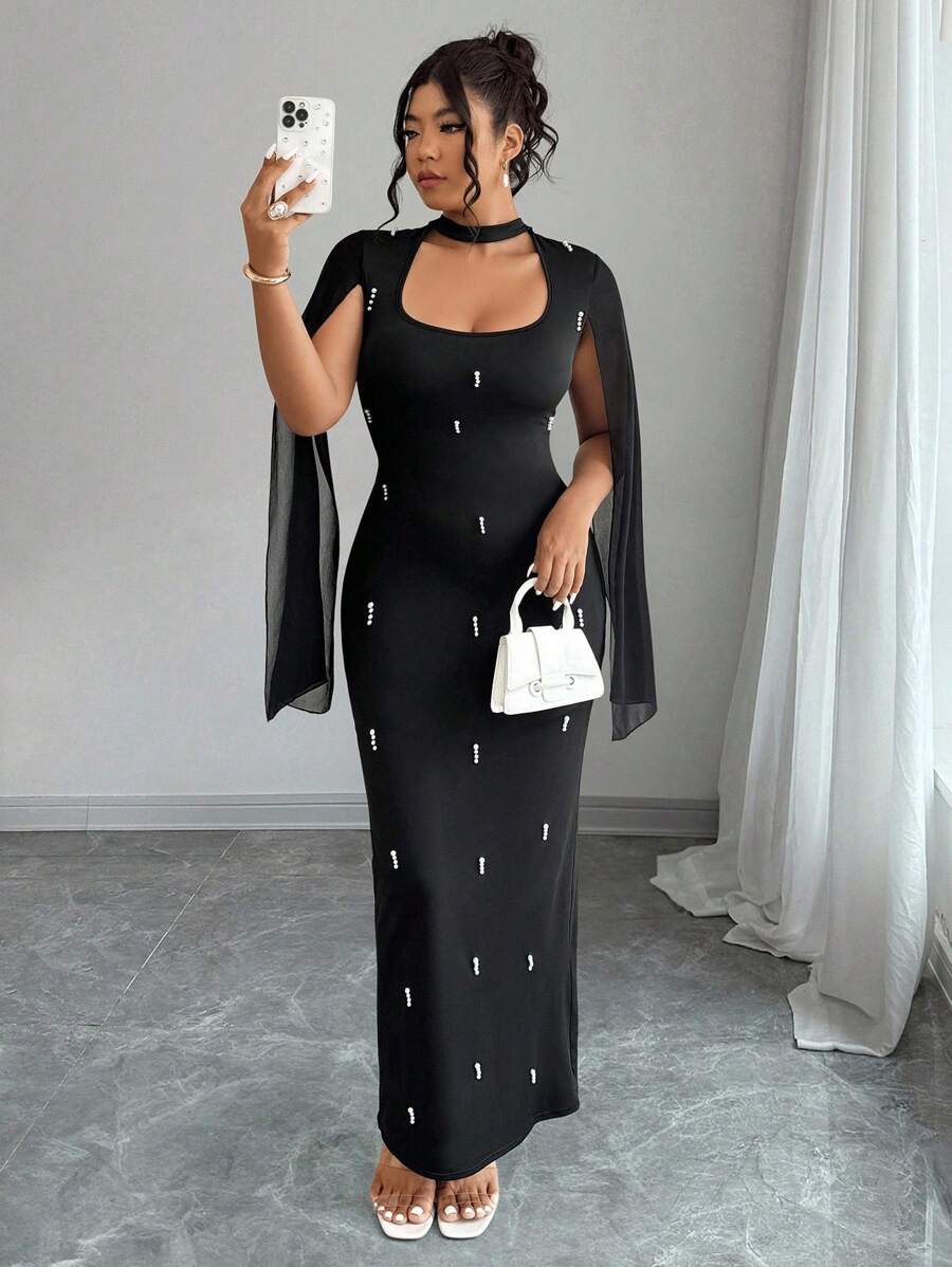 SHEIN Clasi Plus Size Black Beaded Cape Sleeve Dress