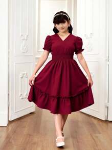 Tween Girl Short Puff Sleeve Waist Dress - Burgundy - View 1