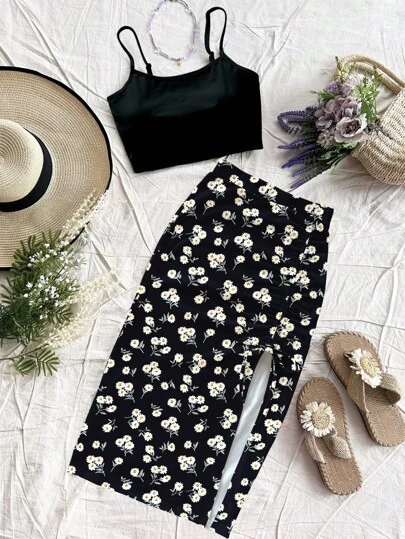 Soleia 黑色背景白色雏菊花卉印花休闲度假风格两件套女士套装，适合夏季度假