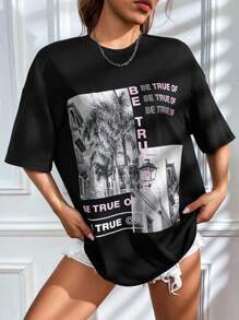 SHEIN EZwear 建筑与口号图案落肩 T 恤 BE TRUE OF BE TRUE OF BE TRUE OF - 黑色 - 查看 3