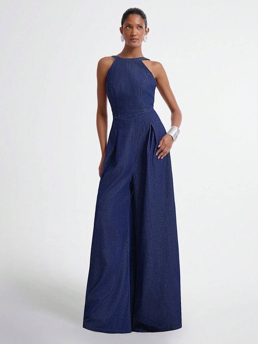 Daynim Women's Casual Sleeveless Backless Denim Jumpsuit, Summer - Dark Wash - View 1