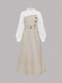 青少年女孩优雅长袖衬衫领连衣裙，二合一设计，非常适合春季、秋季和冬季的休闲和通勤穿着