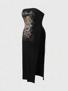 ROMWE Avant Vintage Dragon, Floral & Cloud Waves Print Plus Size Women Bodycon High Slit Lace-Up Bandeau Dress - Black - View 1