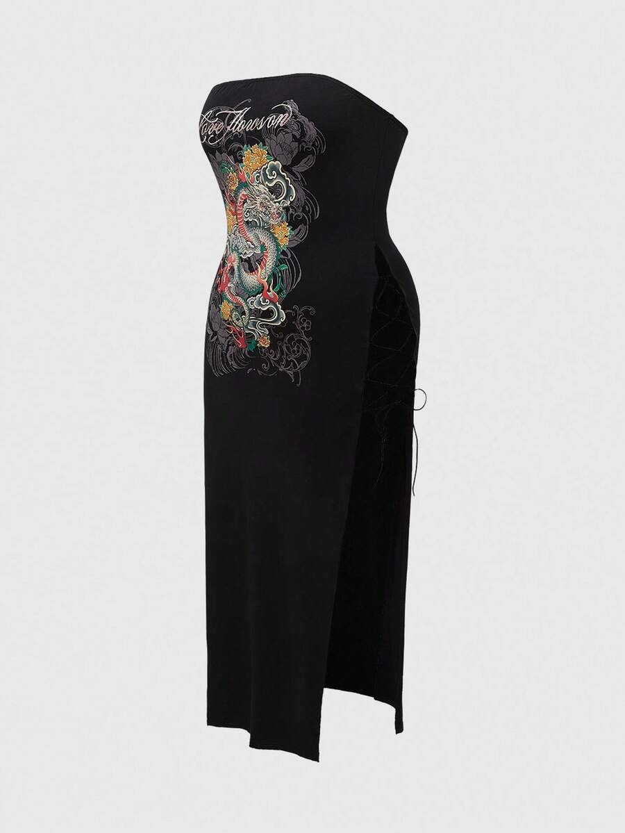 ROMWE Avant Vintage Dragon, Floral & Cloud Waves Print Plus Size Women Bodycon High Slit Lace-Up Bandeau Dress - Black - View 1
