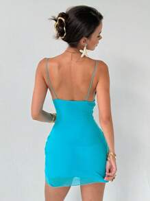 Aloruh Neues romantisches und sexy Clubwear Minikleid mit glitzernden Pailletten und Mesh-Einsätzen, tiefem Ausschnitt, Trägerkleiderrock-Set