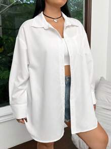 SHEIN EZwear Camisa Feminina Plus Size Com Bolso De Ombro Em Cor Sólida - Branco - View 8