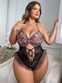 SHEIN 大码女式豹纹蕾丝网眼镂空系带性感内衣连体衣 - 彩色 - 查看 3