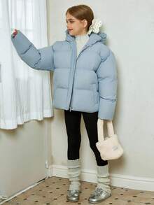 DAZY 女童连帽派克大衣，可爱韩版，长袖，冬季 - 藍色 - 查看 3