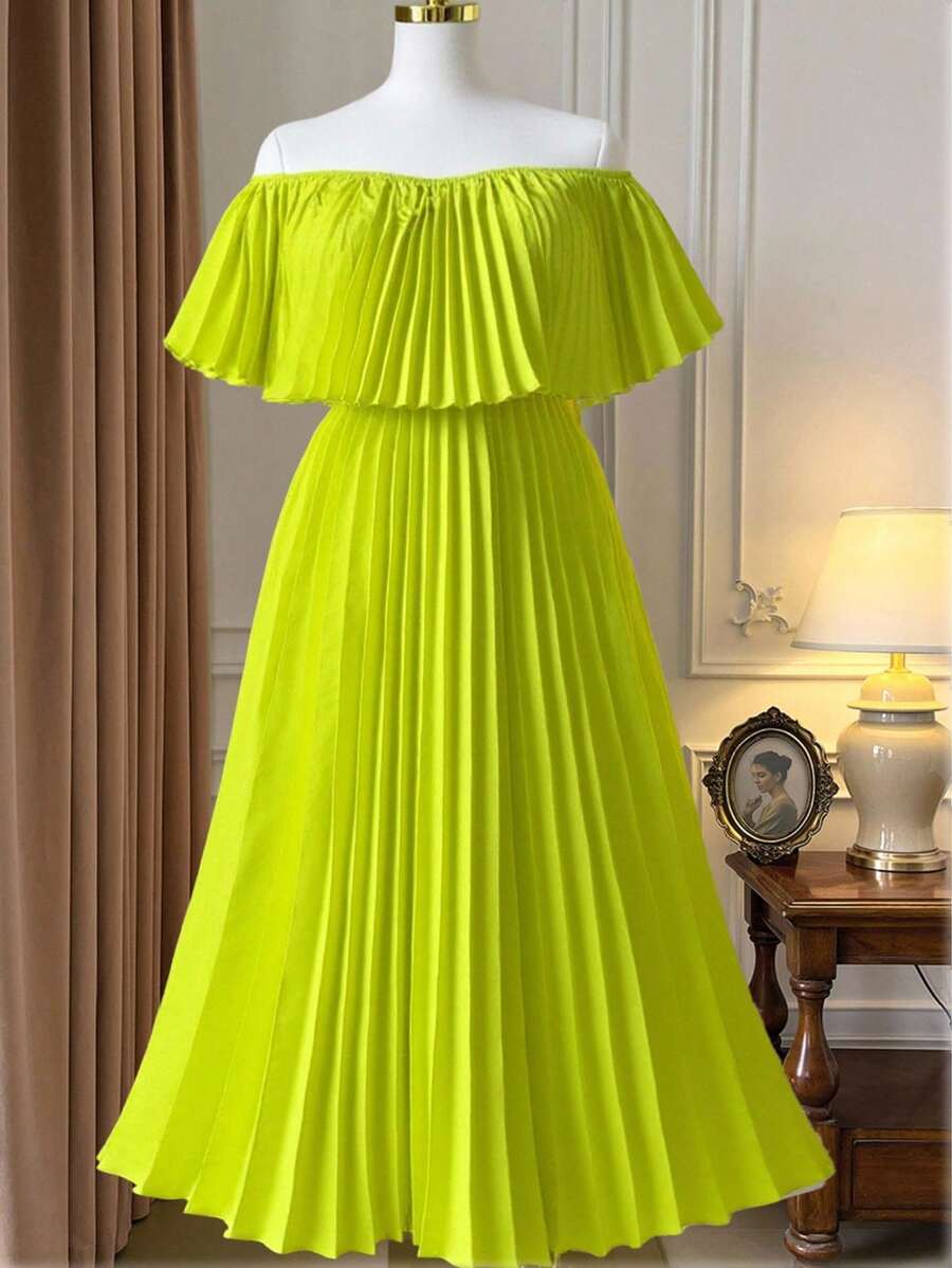 DreamSkyne 大码优雅露肩褶皱连衣裙 - 綠色 - 查看 1