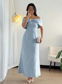 Rafferiza 时尚优雅节日宴会单肩蝴蝶结收腰包臀缎面亮粉色提花女装春夏长款连衣裙名媛派对礼服 - 藍色 - 查看 3