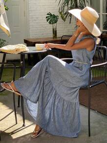 Livesso Waist Belt Sleeveless Round Neck Casual Vacation Dress For Women, Autumn