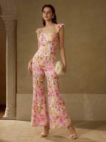 MOTF PREMIUM 全身花卉印花撞色蕾丝花边荷叶边袖窿喇叭腿连体裤 - 粉色 - 查看 3