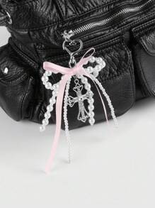 ROMWE Kawaii 1 pezzo Ciondolo versatile, delicato e dolce in stile Y2K, di alta qualità, realizzato a mano con perle, fiocco di nastro e croce di cristallo cava, adatto come portachiavi o decorazione per borse, adatto per donne/ragazze, per uso quotidiano o come regalo