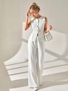CLARA VERO Conjunto de 2 piezas elegante con botones dorados para mujer