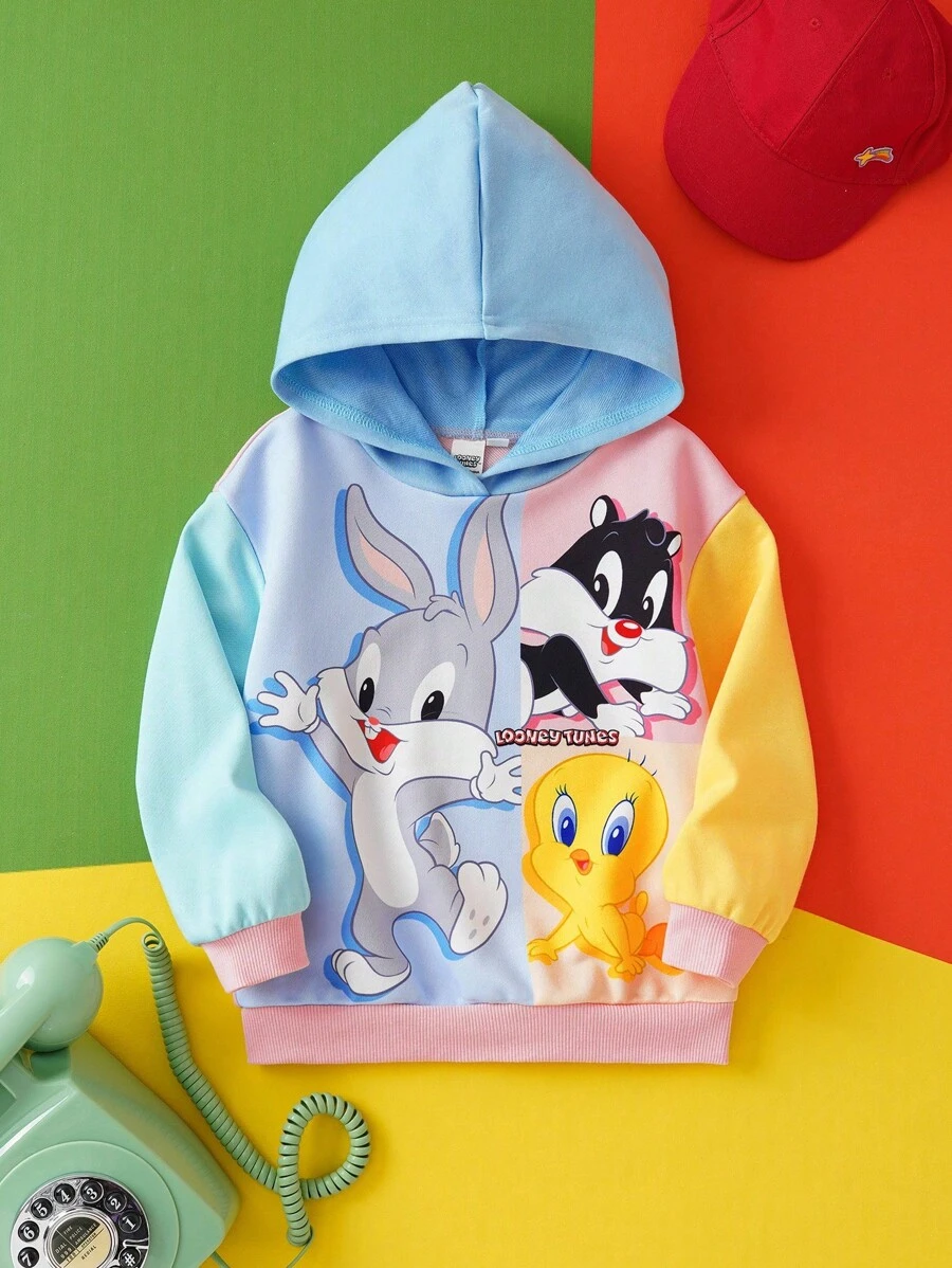 LOONEY TUNES X SHEIN 年轻女孩休闲彩色卡通图案长袖连帽卫衣，春秋季 - 彩色 - 查看 1
