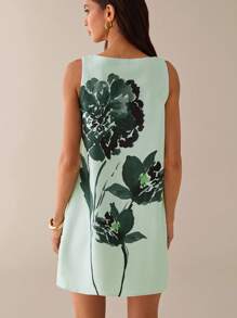 Lilora 女士植物印花圆领无袖迷你连衣裙 - 米色 - 查看 2