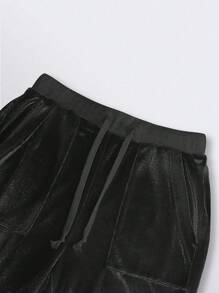 INAWLY Quần ống loe cạp chun rút dây màu trơn đơn giản cho nữ - màu đen - Xem 3