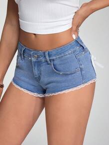 Jeanoix Quần short denim nữ viền ren thời trang cạp siêu thấp - Rửa trung bình - Xem 5