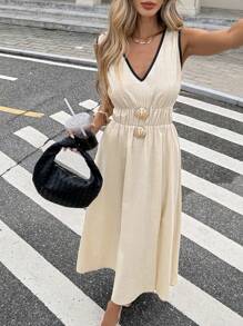 Serisse 女士优雅休闲 V 领贝壳装饰无袖连衣裙 - 杏色 - 查看 3