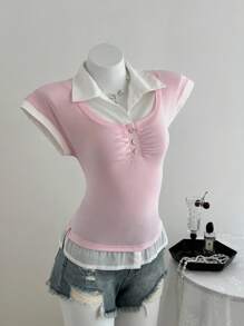 Elamini 黑白拼布装饰纽扣休闲女式夏季短袖衬衫 - 粉色 - 查看 5