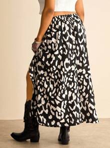 SHEIN VCAY 大码女式夏季度假豹纹开叉裙波西米亚风裙子休闲乡村风女装西部风女装 - 黑與白 - 查看 2