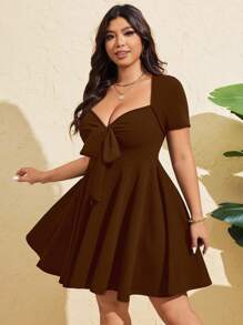 Vionelle Plus Size Women Summer Sexy Front Tie Short Sleeve Fitted Dress - Brown - View 2