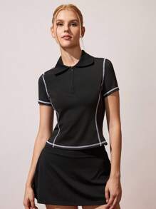 CourtClass 女式夏季撞色缝线半拉链领口修身运动 Polo 衫 - 黑色 - 查看 3