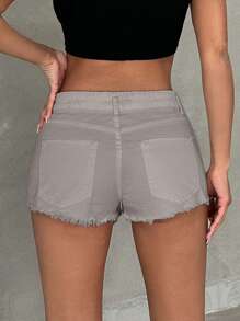 CasuGlow 100%Cotton Solid Color Frayed Hem Denim Shorts - Grey - View 2