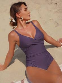 Shapewave Women's Sexy Adjustable Strap One-Piece Swimsuit With Removable Padded Bra Tummy Control Push Up Swimsuit Vacation For Summer - Mauve Purple - View 2