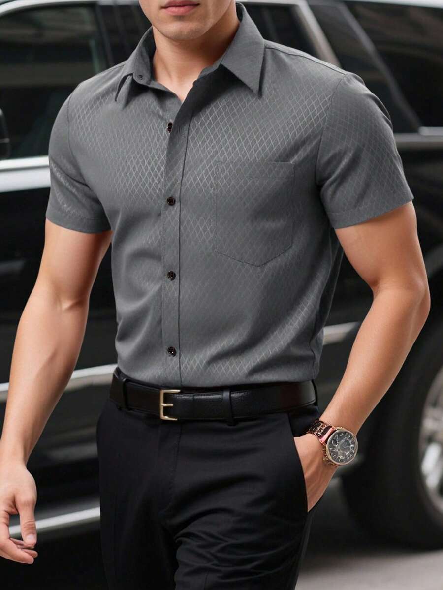 Manfinity Mode 男士休闲菱形图案短袖衬衫，夏季男士短袖正装衬衫 - 深灰色 - 查看 1