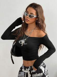 Coolane 复古星形图案露肩紧身休闲长袖女式 T 恤 - 黑色 - 查看 5