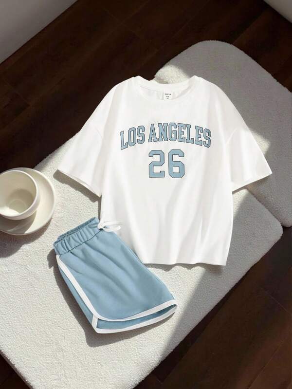 SHEIN Tween Girl Letter Graphic Drop Shoulder Tee & Contrast Binding Shorts Summer Outfits