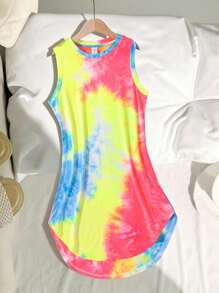 SHEIN Cô gái Tween Dệt kim Nhuộm cà vạt Vòng cổ Váy không tay Đối với Hằng ngày Và Trang phục trên phố In Mùa Xuân Và Mùa hè - Nhiều màu - Xem 2