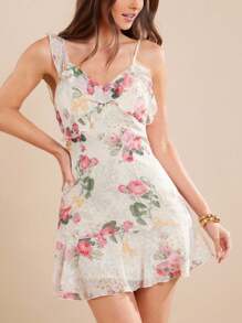 L'Amorae Vestido de verano elegante con estampado floral all-over, escote asimétrico, volantes y sin mangas, de gasa, para mujer