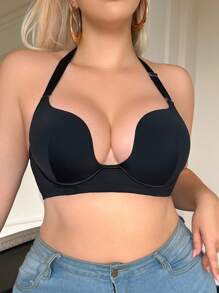 SHEIN Plus Size Women Solid Color Wire-Decorated Push-Up Halter Bra With Detachable Transparent Straps, Lift - Black - View 6