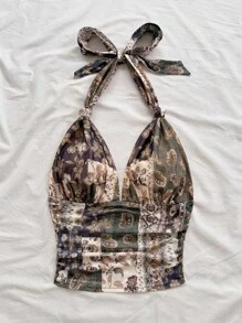 Soleia 秋季休闲女装度假沙滩印花露背吊带上衣波西米亚风佩斯利印花上衣印花上衣系带上衣 - 彩色 - 查看 3