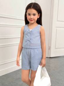 SHEIN Ensemble top à nœud et short pour jeunes filles, style décontracté minimaliste et confortable, col rond, sans manches