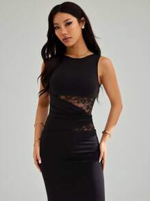 SHEIN PETITE Women's Black Elegant Lace Stitching Sincere Long Dress,Elegant Women Dresses,Party Women Outfits,New Years Women Dress,Black Women Dresses,New Years Women Outfit,New Year Party Dress - Black - View 5