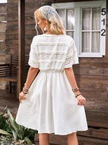 LanaWest Vestido ajustado con mangas acampanadas, diseño bohemio elegante de encaje calado, estampado floral vintage para festival y vacaciones, primavera/verano - Albaricoque - Ver 2