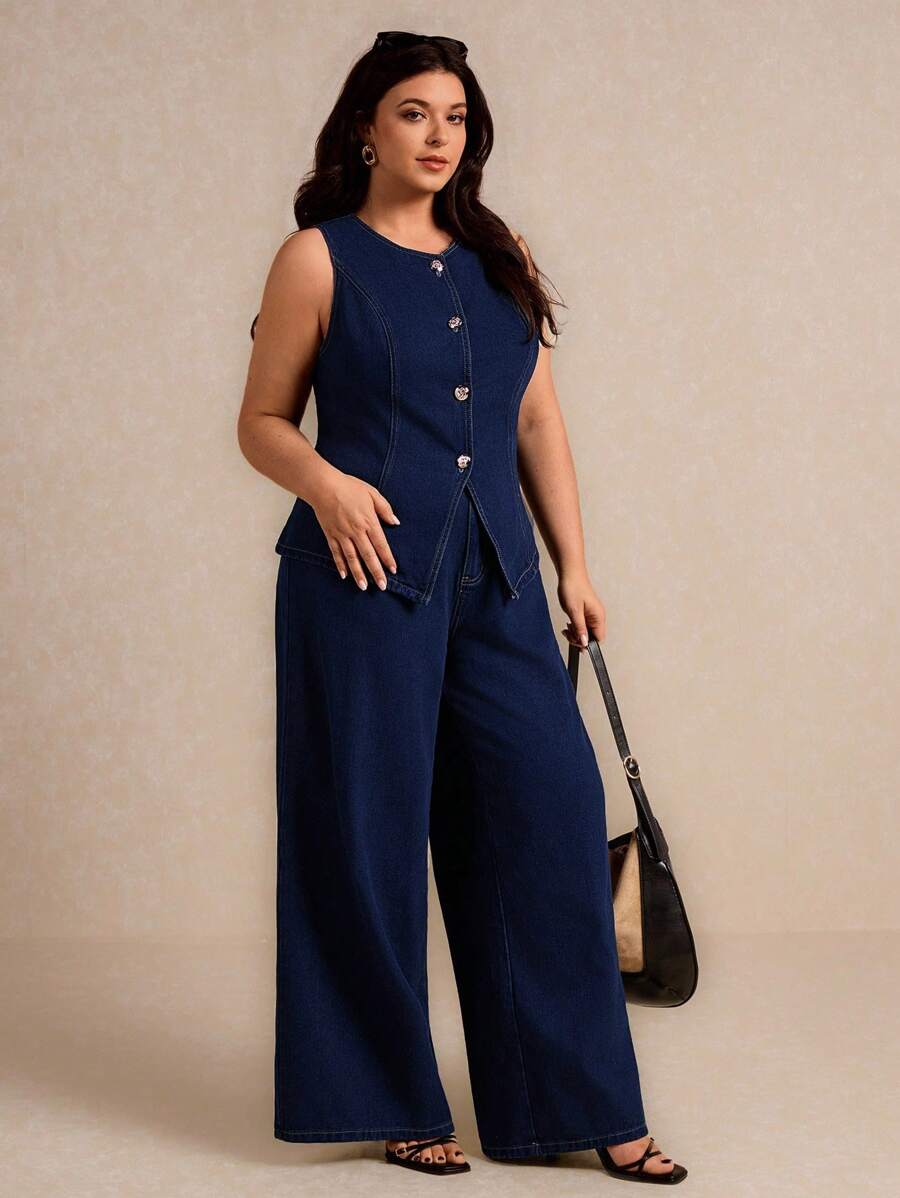 SHEIN Elaquor 2 件大码女式套装：无袖牛仔纽扣衬衫和宽松长裤 - 深色水洗藍 - 查看 1