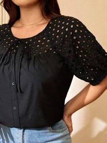Elaquor Camisa de manga corta casual de unicolor con cuello redondo y calado, talla grande, para el verano